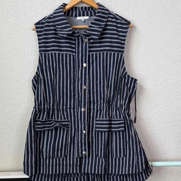 Skies Are Blue Jackets & Blazers - Skies Are Blue Cinch Vest Striped Blue White Plus Size XXLarge